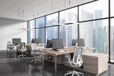 Sıraya dizilmiş sandalyeler ve masalarla rahat rahat bir iç mekan. Ofis çekmeceleri ve aletli bilgisayar monitörlerinin köşesi. Singapur gökdelenlerinin panoramik penceresi. 3B görüntüleme