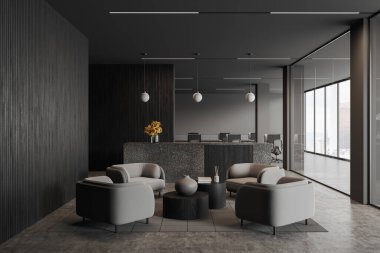 Resepsiyon masası, koltuk bekleme alanı ve bilgisayar monitörleriyle birlikte çalışma alanı. Kuala Lumpur gökdelenlerinin panoramik penceresi. 3B görüntüleme