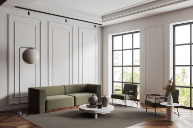 Şık bir ev oturma odası manzarası kanepe ve koltuklar, dekoratif yan manzaralı sehpa, ahşap zeminde halı. Tropik bölgelerde panoramik pencere. 3B görüntüleme