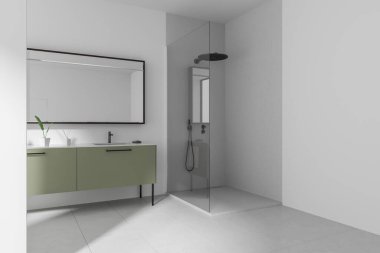 Modern banyo, beyaz duvarlar, fayanslı döşeme, cam duvarlı rahat duş kabini ve büyük aynalı yeşil tezgahın üzerinde duran lavabo. 3d oluşturma
