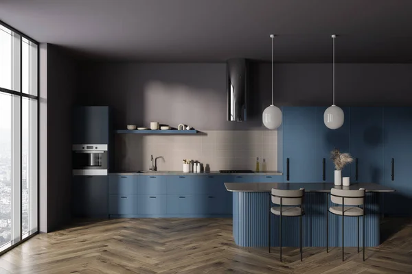 Interior Stylish Kitchen Gray Walls Dark Wooden Floor Blue Cupboards — Stock Photo, Image