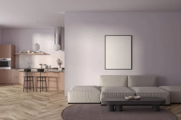 Interior Modern Living Room Light Pink Walls Cozy Gray Sofa — Stock Photo, Image