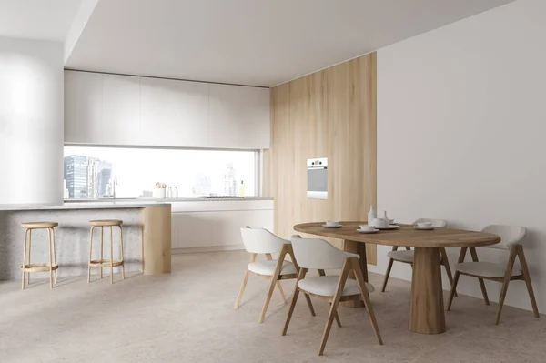 Corner Modern Kitchen White Wooden Walls Concrete Floor White Cabinets — Stock Photo, Image