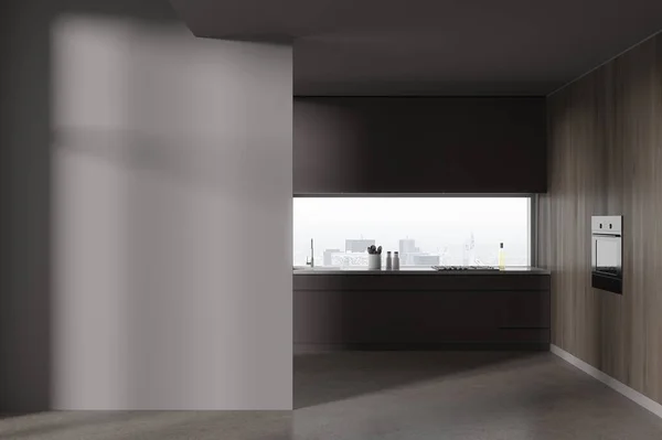 Interieur Der Stilvollen Küche Mit Grauen Und Dunklen Holzwänden Betonboden — Stockfoto