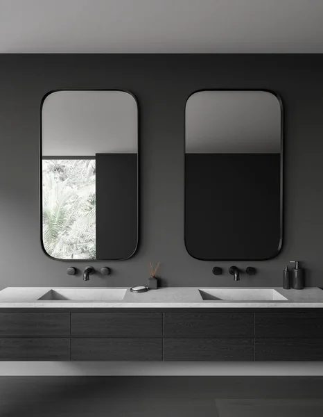 Interior Stylish Bathroom Gray Walls Dark Wooden Floor Comfortable Double — Stock Photo, Image