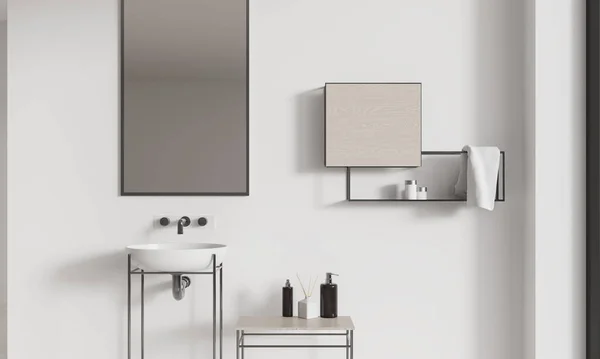 Blanco Moderno Cuarto Baño Interior Con Lavabo Espejo Largo Soporte — Foto de Stock
