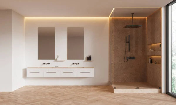 Béžový Hotel Koupelna Interiér Dvojitým Umyvadlem Skleněnou Sprchou Podlaze Tvrdého — Stock fotografie