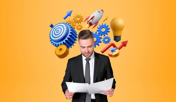 Businessman portrait with business analysis in hands, colorful start up icons on orange background. Concept of financial analysis, investment, profit and success