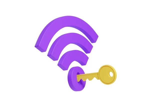 Pohled Fialový Symbol Wifi Žlutým Klíčem Který Jej Otvírá Bílém — Stock fotografie
