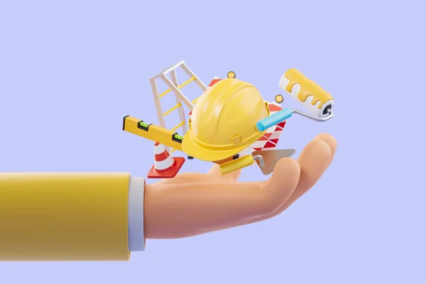 Character Cartoon Man Hand Holding Equipment Work Tools Helmet Barrier — Stock Photo, Image