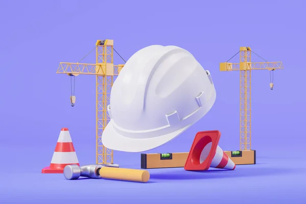 Cartoon Crane Big White Hard Hat Construction Tools Road Cones — Stock Photo, Image