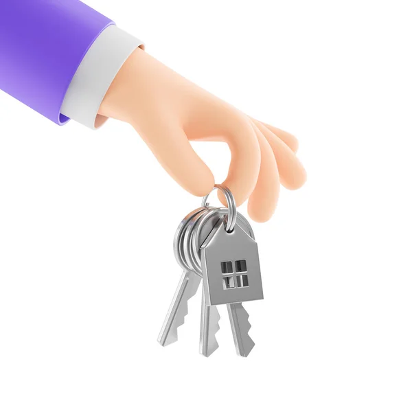 卡通人物的手 身穿紫色西服 手持钥匙 房子形状的钥匙链 白色背景 购买或租赁新房和房地产的概念 3D渲染 — 图库照片