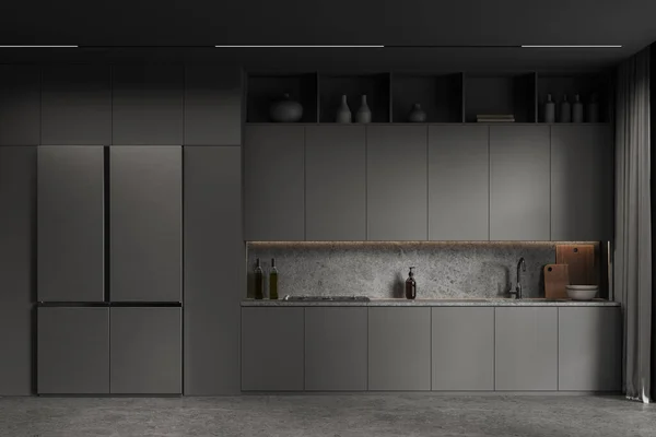 Interior Cocina Oscura Con Diseño Oculto Estantes Utensilios Cocina Elegante — Foto de Stock