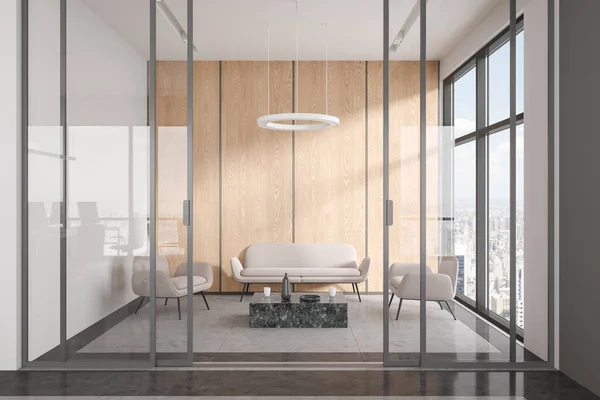 Interieur Van Moderne Kantoor Wachtkamer Met Witte Houten Muren Glazen — Stockfoto