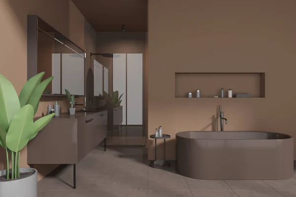 Dark home bathroom interior with bathtub, partition and double sink with brown vanity, glass shower. Bathing area with accessories and plant, stylish minimalist furniture. 3D rendering
