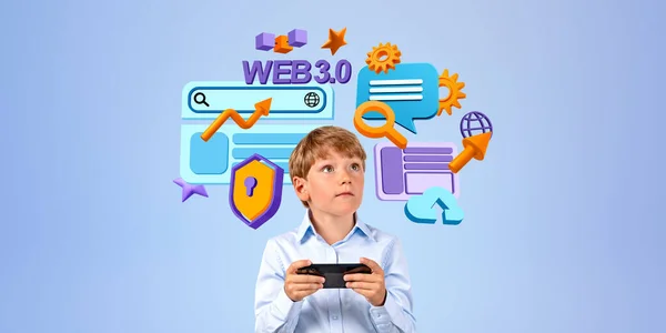 Kid Using Gadget Hands Looking Colorful Web Icons Gears Text — Stock Photo, Image