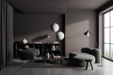 İçinde kanepe, iki koltuk, sehpa ve minimalist dekorasyonlu bir raf olan koyu renk dinlenme odası. Kırsal kesimde panoramik pencere. 3B görüntüleme