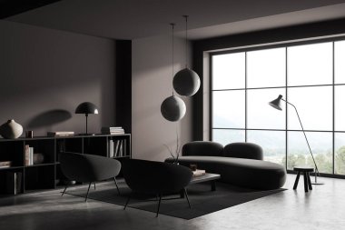 İçinde kanepe, iki koltuk, yan görüş, sehpa ve şık dekorasyonlu bir raf olan koyu renk dinlenme odası. Kırsal kesimde panoramik pencere. 3B görüntüleme