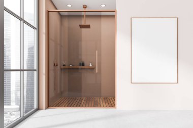 Banyo içi cam kapılar ardında duş Singapur şehir manzarasında panoramik pencere. Tuvalin posterini hazırla. 3B görüntüleme