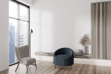 Beyaz oturma odasının içi iki koltuklu, yan manzaralı, minimalist sanat dekorasyonlu ahşap bir raf. Gökdelenlerin panoramik penceresi. Model Kopyalama Boşluk Duvarı, 3B oluşturma