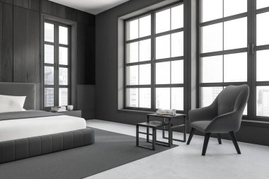 Karanlık yatak odası iç yatak odası koltuk, yan görüş, dekorasyon ve halılı kahve masası gri beton zemin. Singapur şehir manzarasında panoramik pencere. 3B görüntüleme