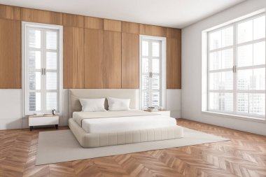 Parlak yatak odasının içi yatak odası, yatak odası, panoramik pencere, yastıklar, beyaz ve ahşap duvar, ahşap zemin, kitaplar. Minimalist tasarım kavramı. Yaratıcı fikir için yer var. 3d oluşturma
