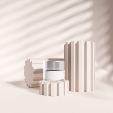 Yunan sütun tasarımı üzerine krema şişesi, bej arka planda soyut gölgesi olan platform. Cilt bakımı kavramı. Ürün sunumu için maket. 3B görüntüleme