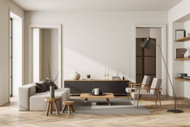 Parlak oturma odasının önü koltuklar, kanepe, kitaplı raflar, beyaz duvar, meşe ağacından ahşap zemin, kemer. Minimalist tasarım kavramı, modern sanat. 3d oluşturma