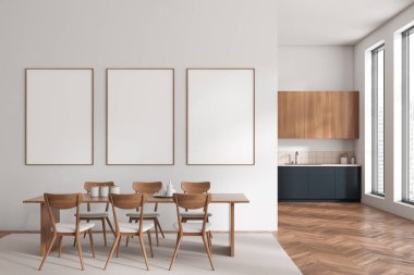 Beyaz mutfak masası, halı üzerinde sandalyeler, ahşap zemin. Lavabo ve mutfak gereçleri ile yemek köşesi. Gökdelenlerin panoramik penceresi. Üç tane maket poster. 3B görüntüleme