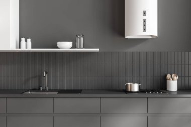 Mutfağın içi lavabo ve aletlerle dolu, ocak ve bulaşık dolu. Stüdyo dairede modern kapüşonlu yemek pişirme alanı. 3B görüntüleme