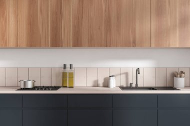 Ahşap mutfak içinde lavabo, soba ve minimalist mutfak gereçleri var. Modern stüdyo dairede yemek pişirme alanı. 3B görüntüleme