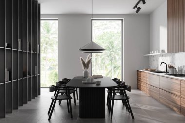 İçi yemek masası ve sandalyelerle dolu beyaz mutfak, kitaplar ve dekorlarla dolu raf. Tropik bölgelerde panoramik pencerenin yanında mutfak gereçleri olan yemek pişirme alanı. 3B görüntüleme