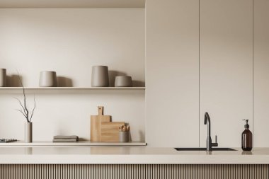 Bej mutfak, bar adası, lavabo ve el sabunu. Mutfak eşyaları, kaşık ve vazo, güvertede havlu. Süslü, minimalist yemek pişirme alanı. 3B görüntüleme