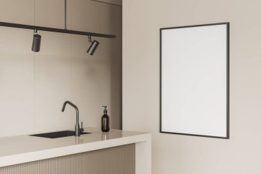 Açık mutfak, bar adası, lavabo, sabun şişesi, yan görüş. Lambalı, minimalist yemek köşesi. Tuvalin maketi posteri. 3B görüntüleme
