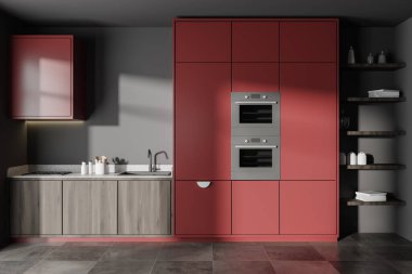 Mutfağın içi lavabo, ocak ve fırınla dolu, güvertede mutfak gereçleri var. Raflı, şık dekorasyonlu, beton döşemeli yemek pişirme alanı. 3B görüntüleme