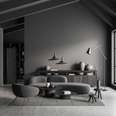 Oturma odasının içi kanepe ve koltukla dolu. Arka planda masa ve sandalye olan toplantı alanı. Minimalist sanat dekorasyonlu çekmece. 3B görüntüleme