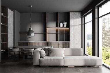 Soğuk ve yeme alanı olan karanlık bir stüdyo, beton zeminde bir kanepe. Sandalyeli ve raflı yemek masası. New York gökdelenlerinin panoramik penceresi. 3B görüntüleme