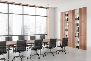 Beyaz ofis içi koltuklu, uzun masalı, yan manzaralı. Gri beton zemin üzerinde iş dosyaları olan raflar. Singapur şehir manzarasında panoramik pencere. 3B görüntüleme