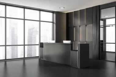 Gri beton zeminde iki bilgisayarın olduğu karanlık resepsiyon köşesi. Ofis masalı, yan manzaralı minimalist giriş salonu. Gökdelenlerin panoramik penceresi, 3B oluşturma