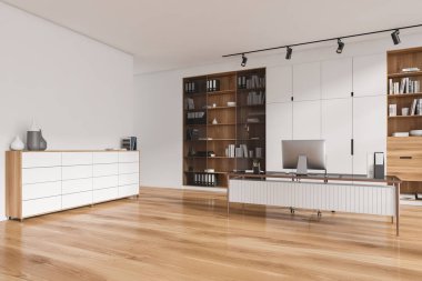 Çalışma masasında büfe ve bilgisayar olan beyaz bir iş odası, yan görüş. İçinde belgeler ve kitaplar olan bir dolap. Model boş duvar. 3B görüntüleme