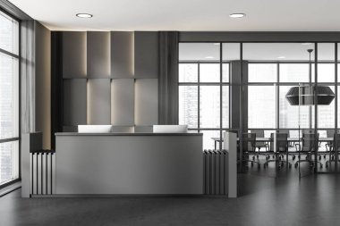 İki bilgisayarlı karanlık resepsiyon ve cam kapılar, koltuklar ve yemek odası arkasında buluşma alanı. Gökdelenlerin panoramik penceresi, 3B oluşturma