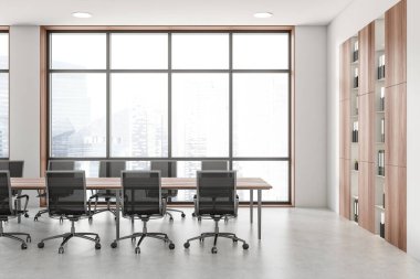 Şık bir ofis odası koltukları ve tahtaları var, iş evrakları gri beton zeminde. Singapur şehir manzarasında panoramik pencere. 3B görüntüleme