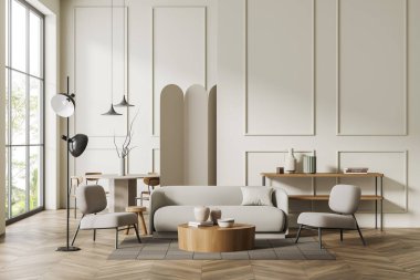 Kanepe, koltuk, koltuk ve ahşap zeminde halı olan bej bir oturma odası. Sandalyesi ve masası olan yemek salonu. Tropik manzarada panoramik pencere. 3B görüntüleme