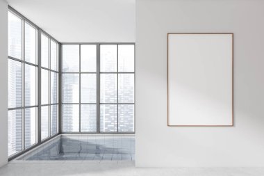 Köşesinde yüzme havuzu olan beyaz banyo, Singapur gökdelenlerinde panoramik pencere. Tuvalin posterini hazırla. 3B görüntüleme