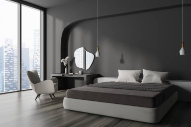 Çalışma masası ve koltuğu olan karanlık bir yatak odası, parke zeminde uyuyan bir yatak. Singapur gökdelenlerinin panoramik penceresi. Kopya uzay duvarı. 3B görüntüleme