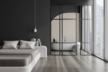 Karanlık otel stüdyosunun içinde yatak odası ve banyo küveti, cam kapılar ardında aksesuarlar, gökdelenlerde panoramik pencere. Rahatlama ve banyo alanı, 3 boyutlu görüntüleme