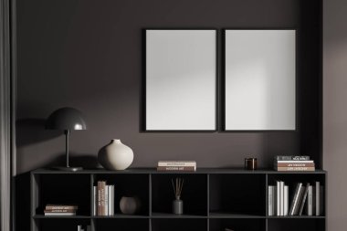 Karanlık oturma odasının içini gören iki boş beyaz poster, raflar, gri duvar, kitaplar, lambalar ve çanak çömlek. Minimalist tasarım kavramı, modern sanat. Model yap. 3d oluşturma