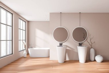 Çift lavabo ve ahşap zeminde küvet olan bej bir banyo. Şehir manzarasında dekorasyon ve panoramik pencereli banyo alanı. 3B görüntüleme