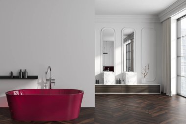 Kırmızı küveti ve çift lavabosu olan, Singapur gökdelenlerinin panoramik penceresinin yanında uyuyan beyaz bir otel stüdyosu. Kopya uzay duvarı. 3B görüntüleme