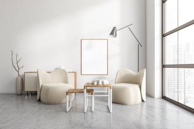 Beyaz oturma odasının içinde gri beton zeminde iki koltuk ve kahve masası var. Minimum dekorasyonlu çekmece, şehir manzaralı panoramik pencere. Tuvalin posterini hazırla. 3B görüntüleme